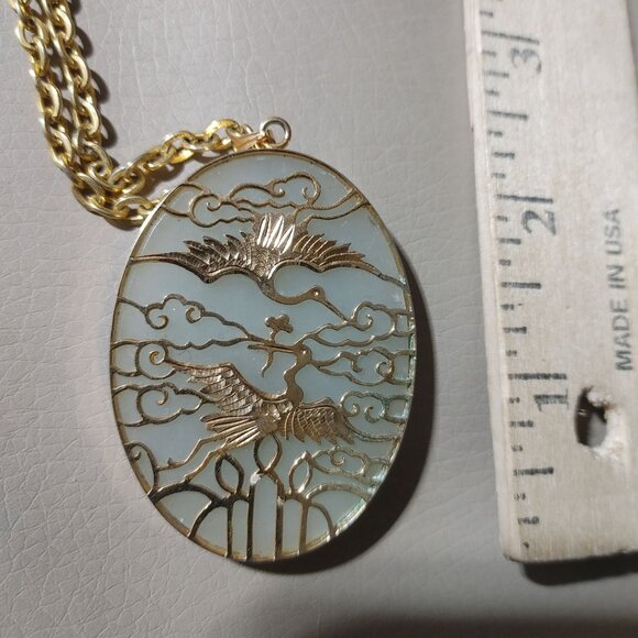 Large Jade Jadeite Pendant Vintage Gold Overlay Cranes Birds Asian Gold Filled - Picture 5 of 12